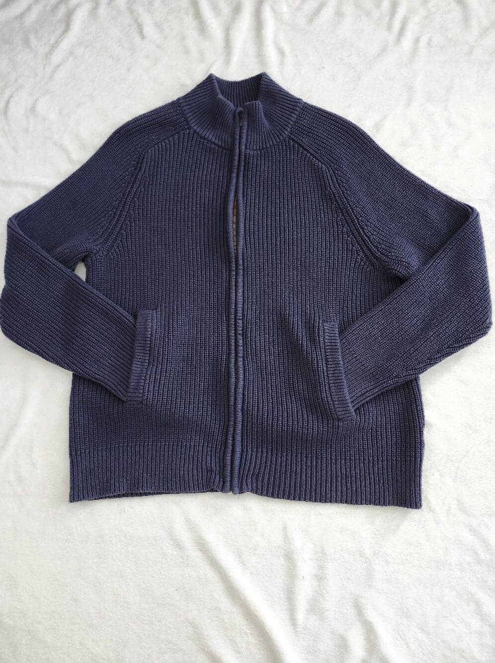 L.L. BEAN Mens Size Medium Cotton Knit Chunky Sweater Full Zip Navy | Cozy Layer